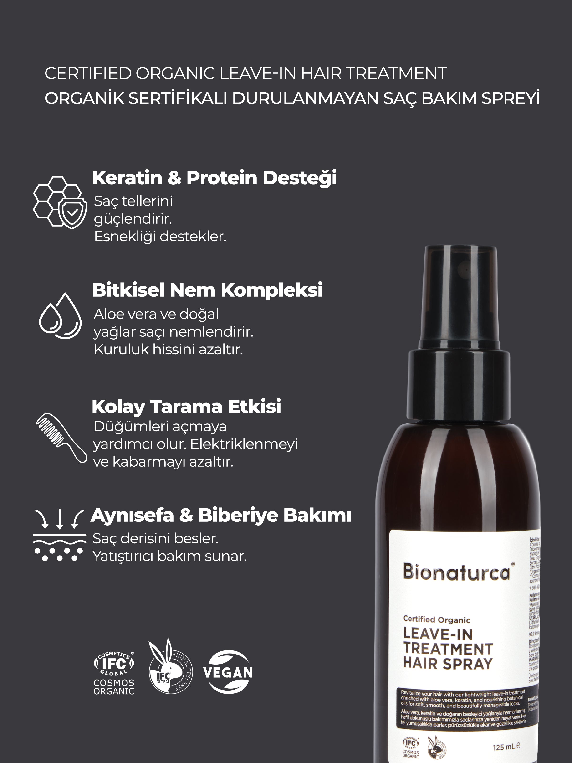 Organik Sertifikalı Hacimlendirici Kolay Saç Tarama Spreyi 125 ml