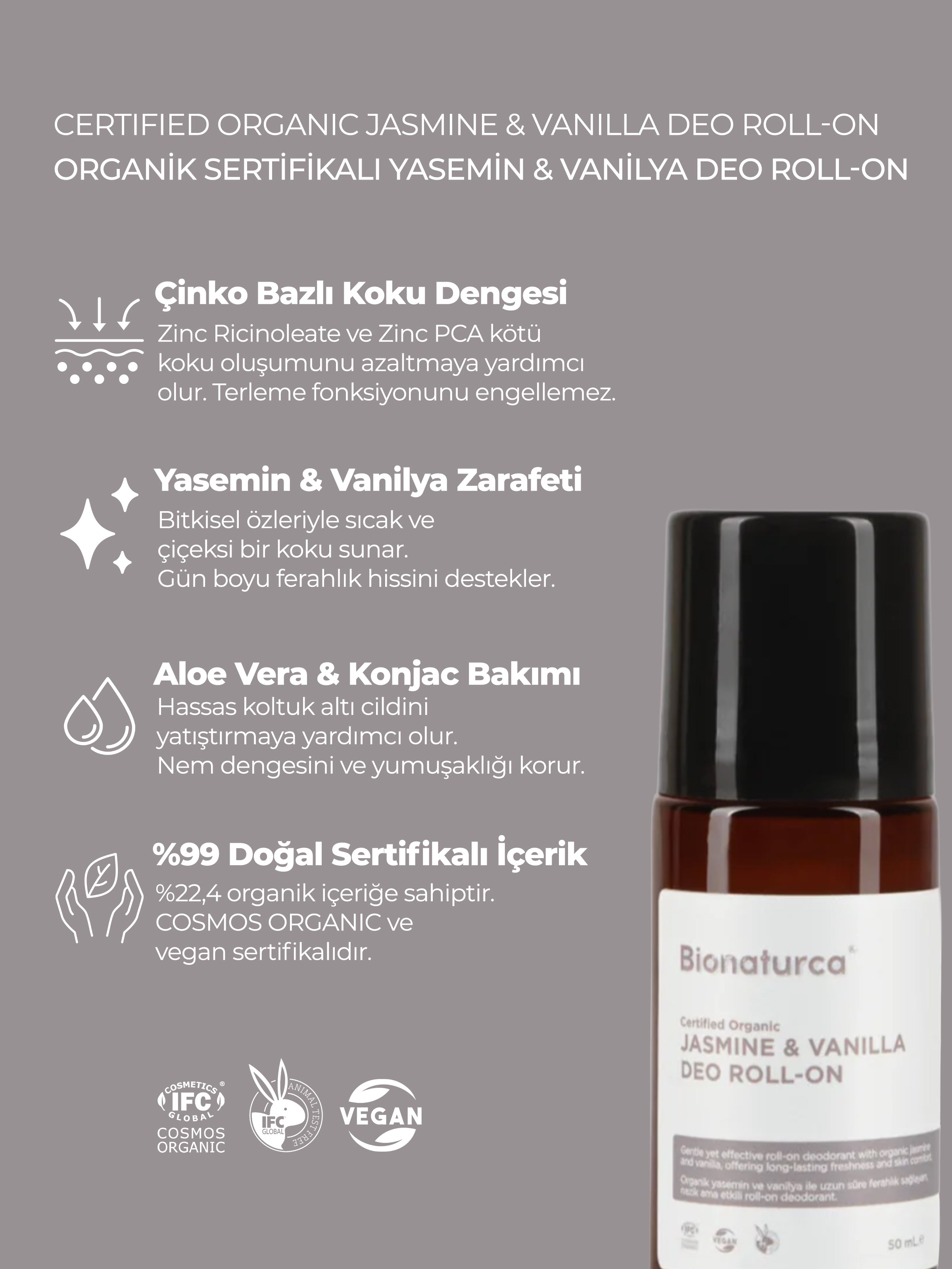 Organik Sertifikalı Yasemin & Vanilya Deo Roll-On 50 ml - Bionaturca
