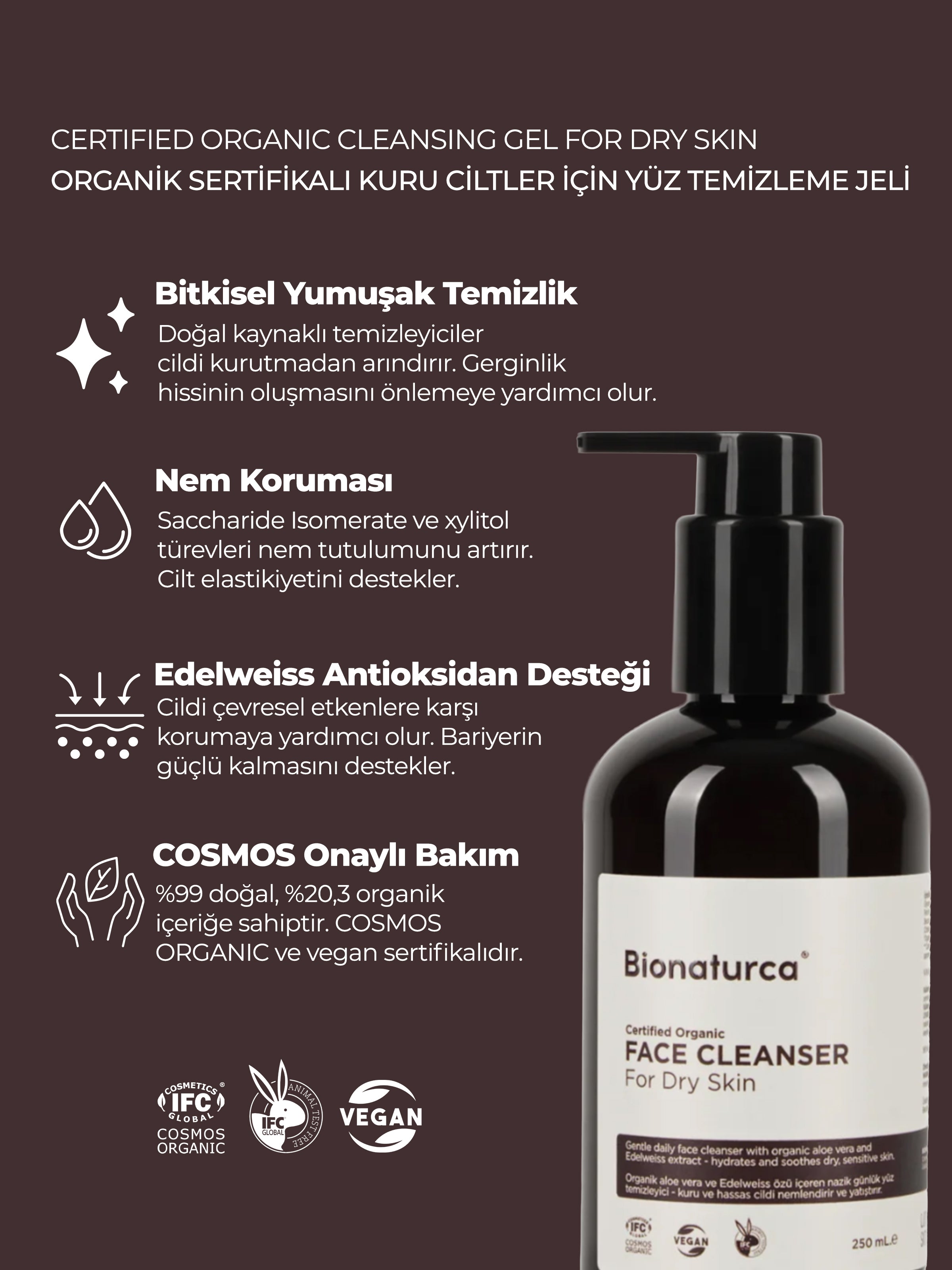 Organik Sertifikalı Kuru Ciltler İçin Yüz Temizleme Jeli 250 ml l- Bionaturca