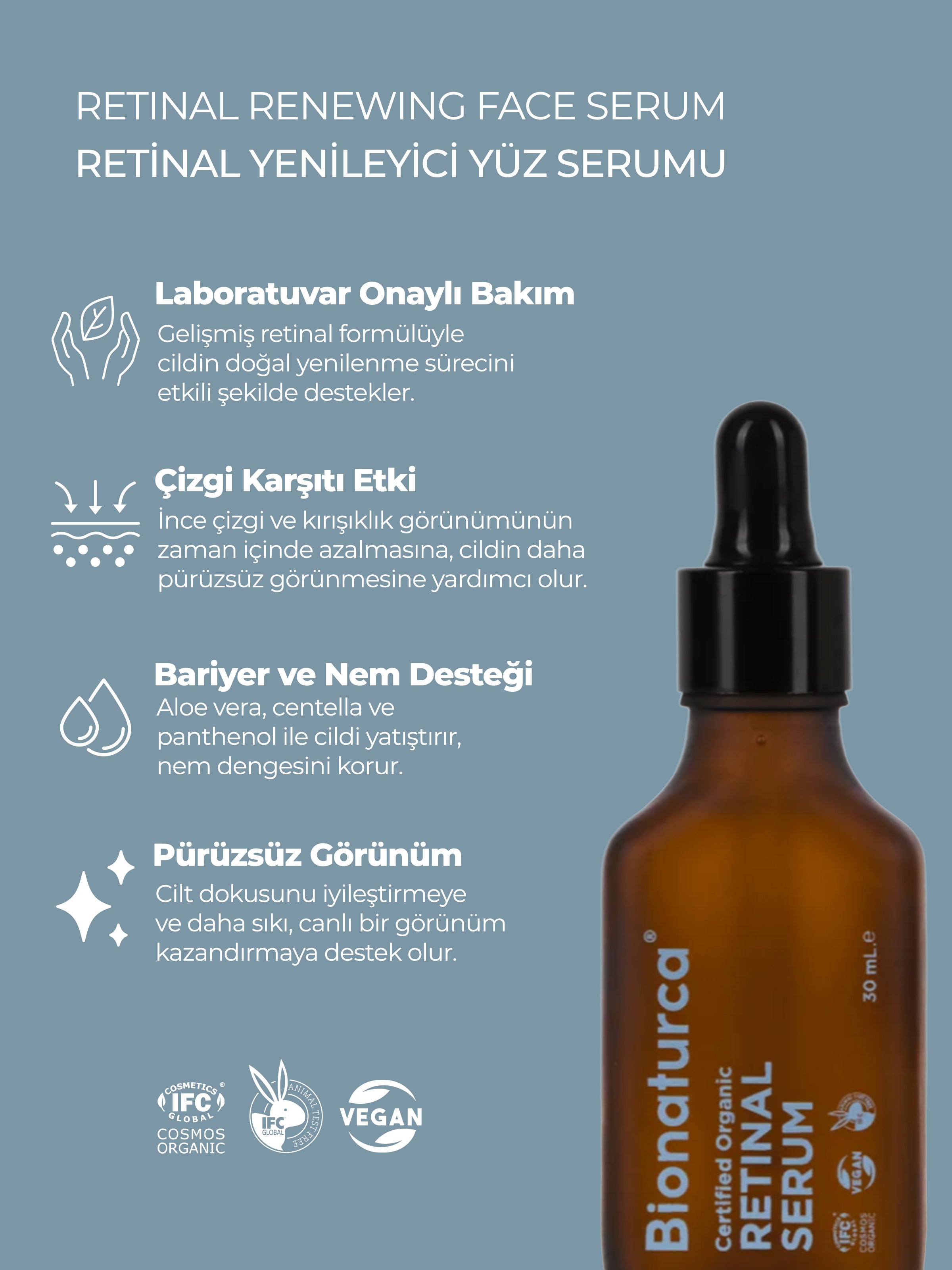 Organik Sertifikalı Retinal Yenileyici Yüz Serumu 30 ml - Bionaturca