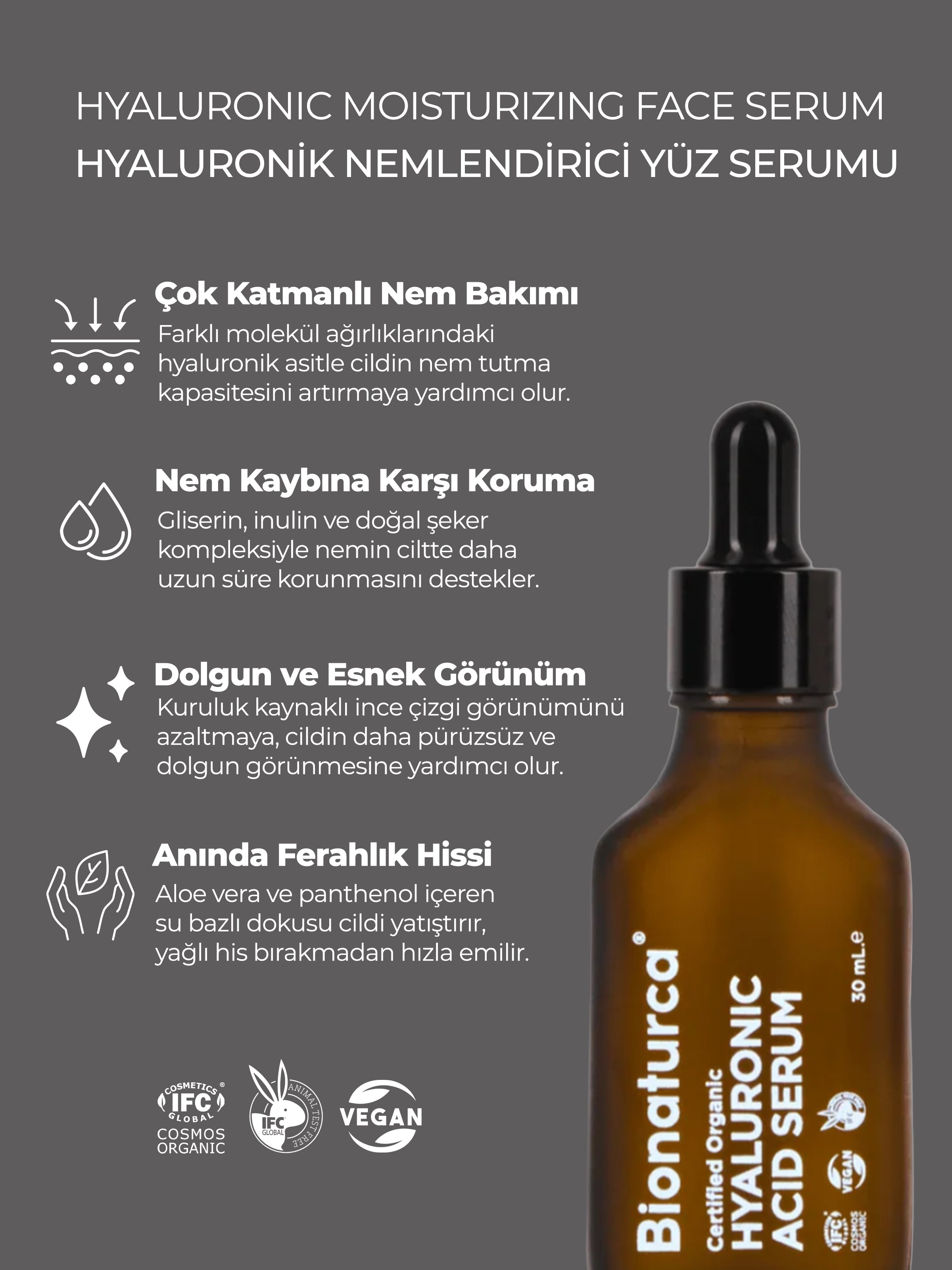 Organik Sertifikalı Hyaluronik Nemlendirici Yüz Serumu 30 m l- Bionaturca