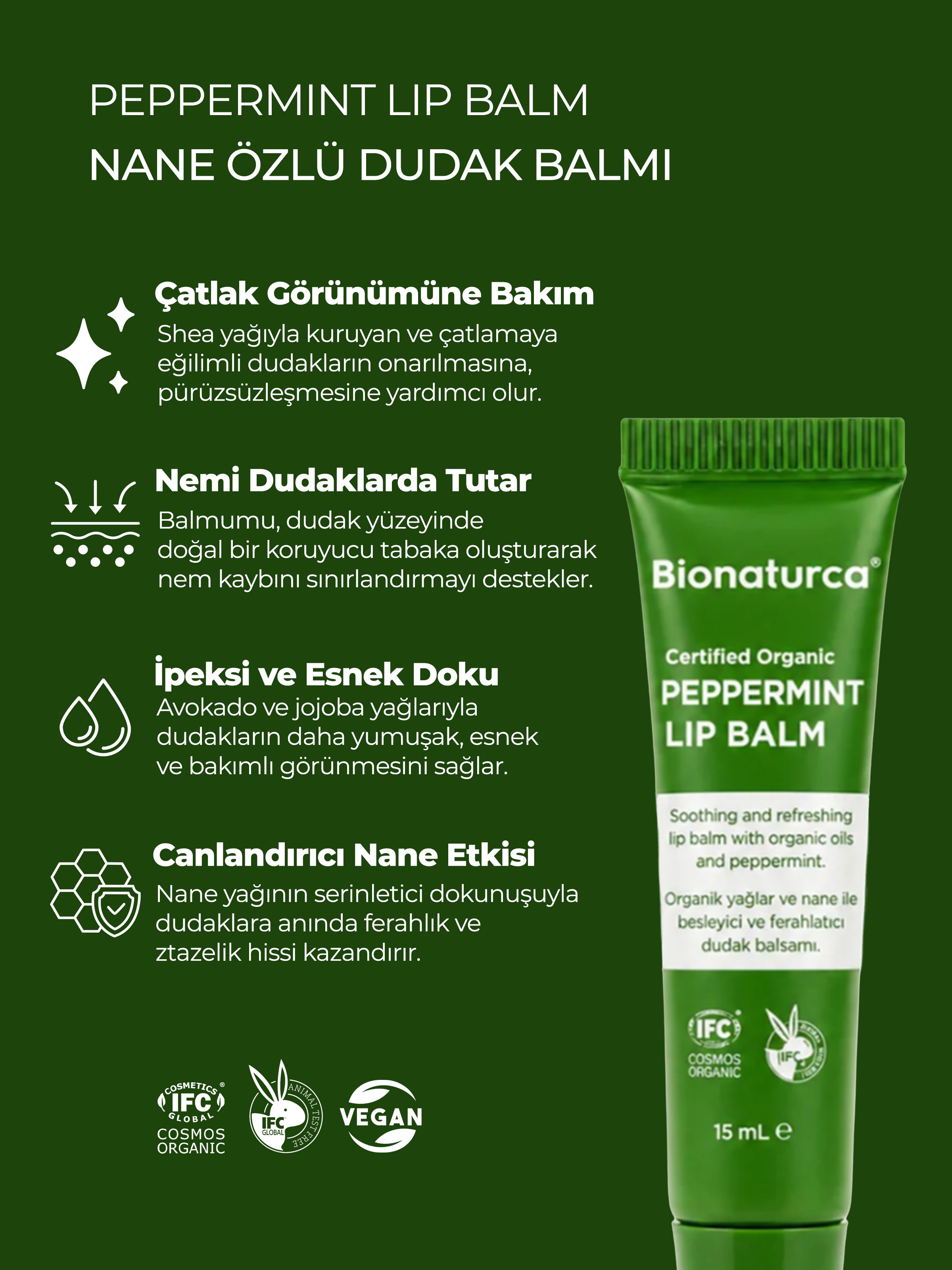 Organik Sertifikalı Nane Özlü Dudak Balmı 15 ml - Bionaturca