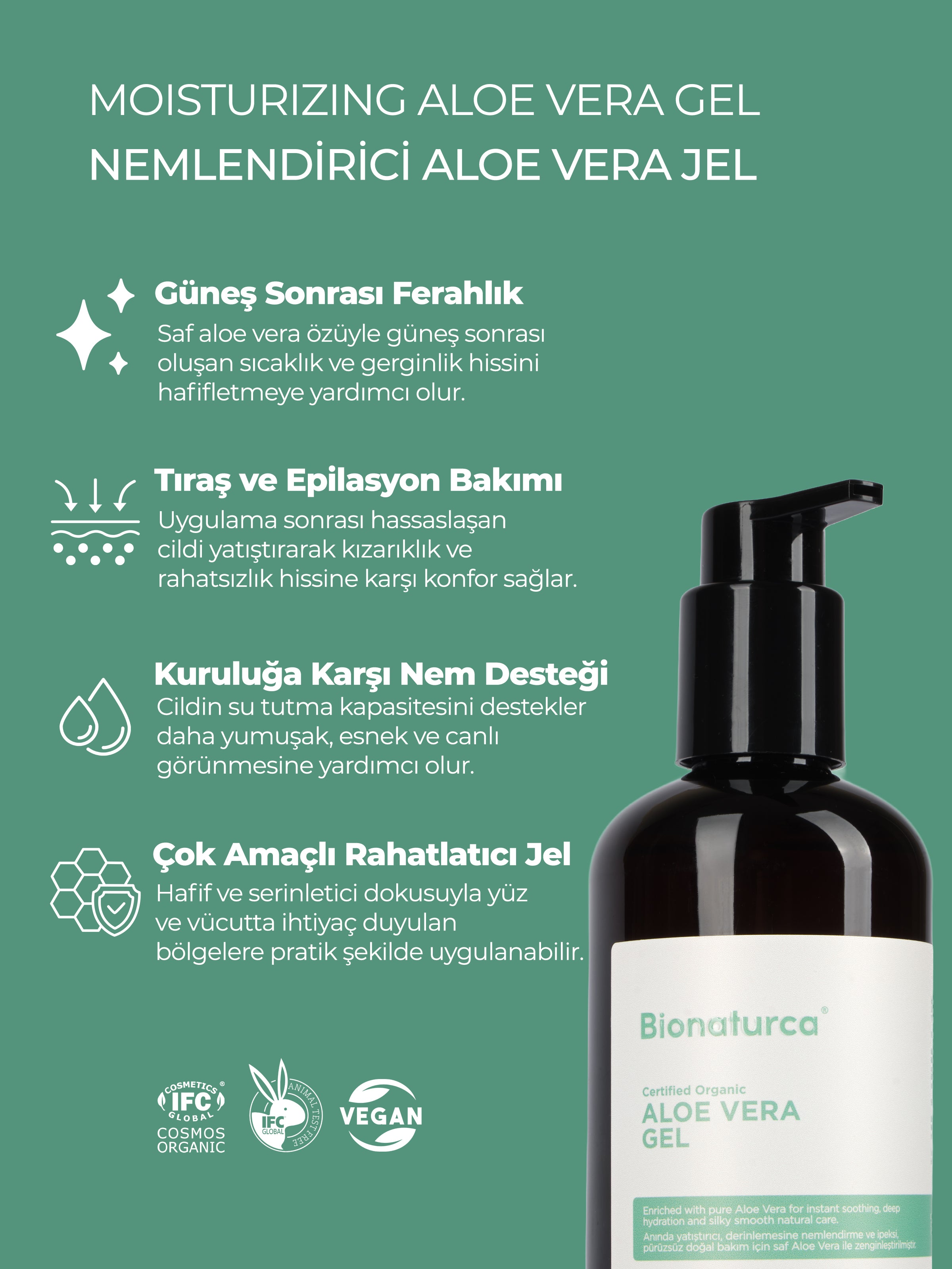 Organik Sertifikalı Onarıcı Etkili Nemlendirici Aloe Vera Jel 250 ml