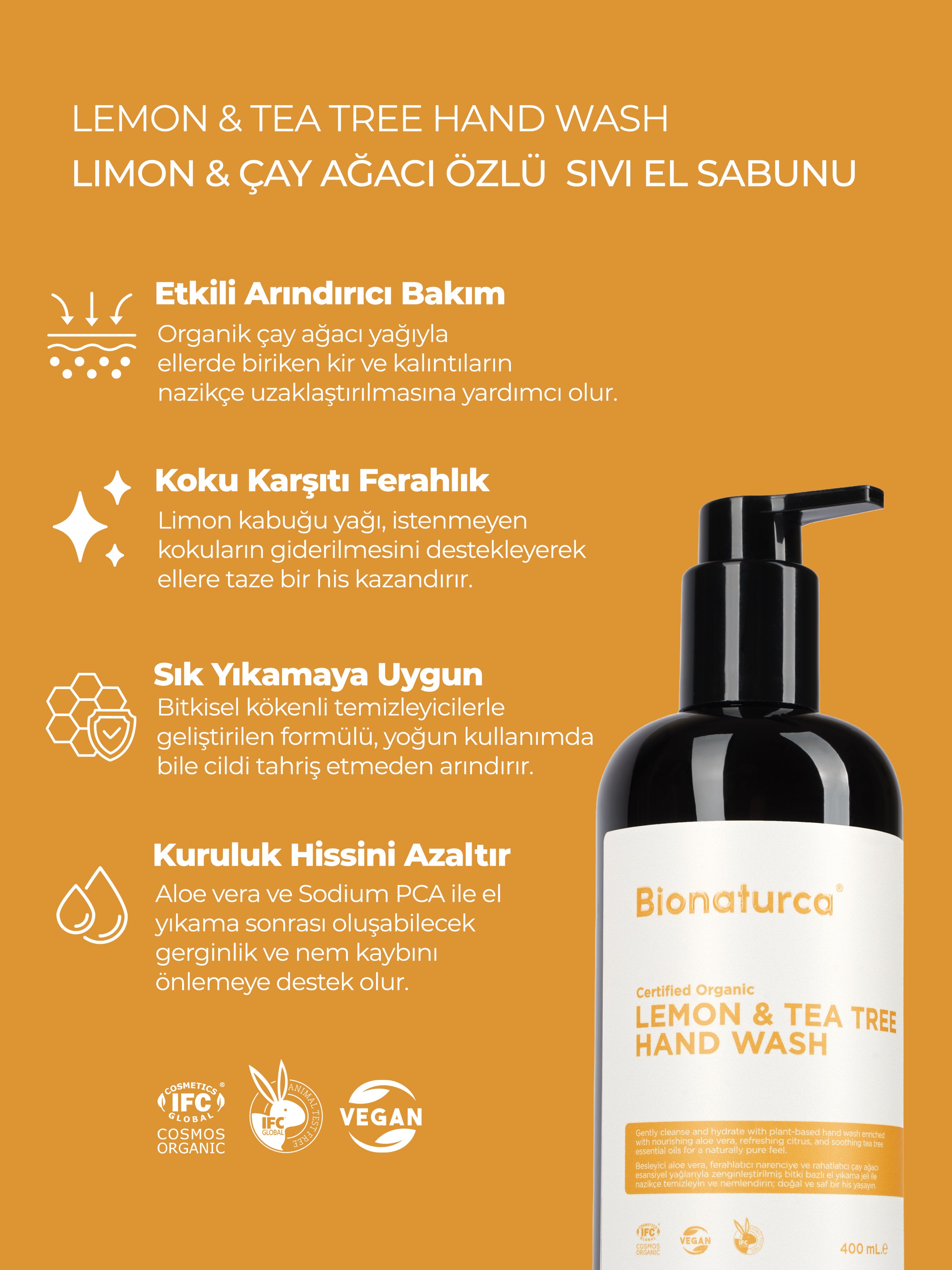 Organik Sertifikalı Limon & Çay Ağacı Özlü Sıvı El Sabun 400 ml