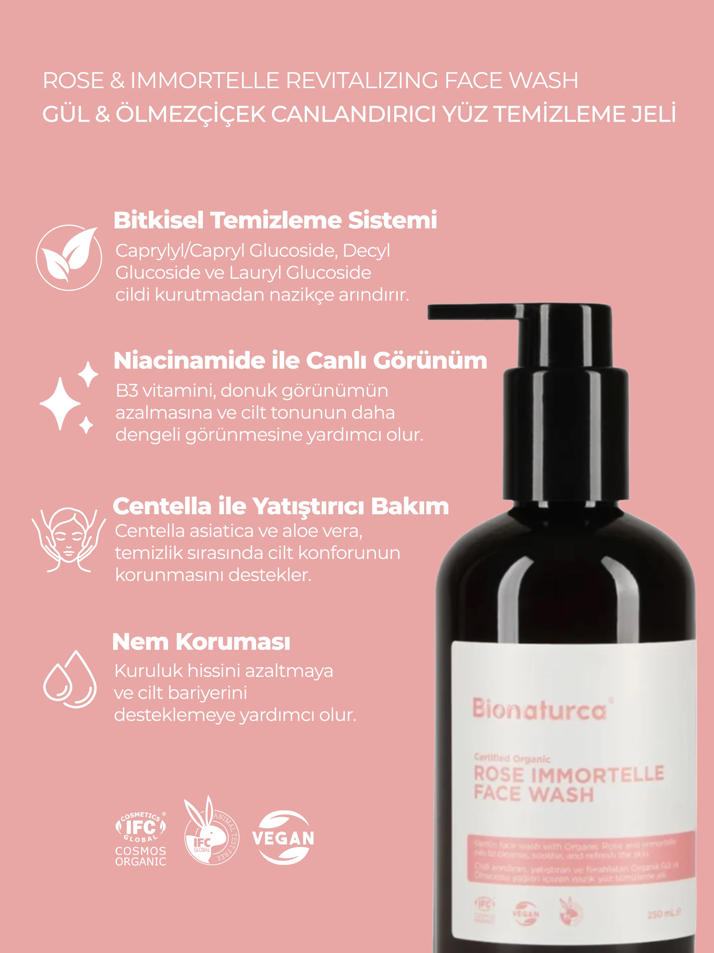 Organik Sertifikalı Gül & Ölmezçiçek Canlandırıcı Yüz Temizleme Jeli 250 ml - Bionaturca