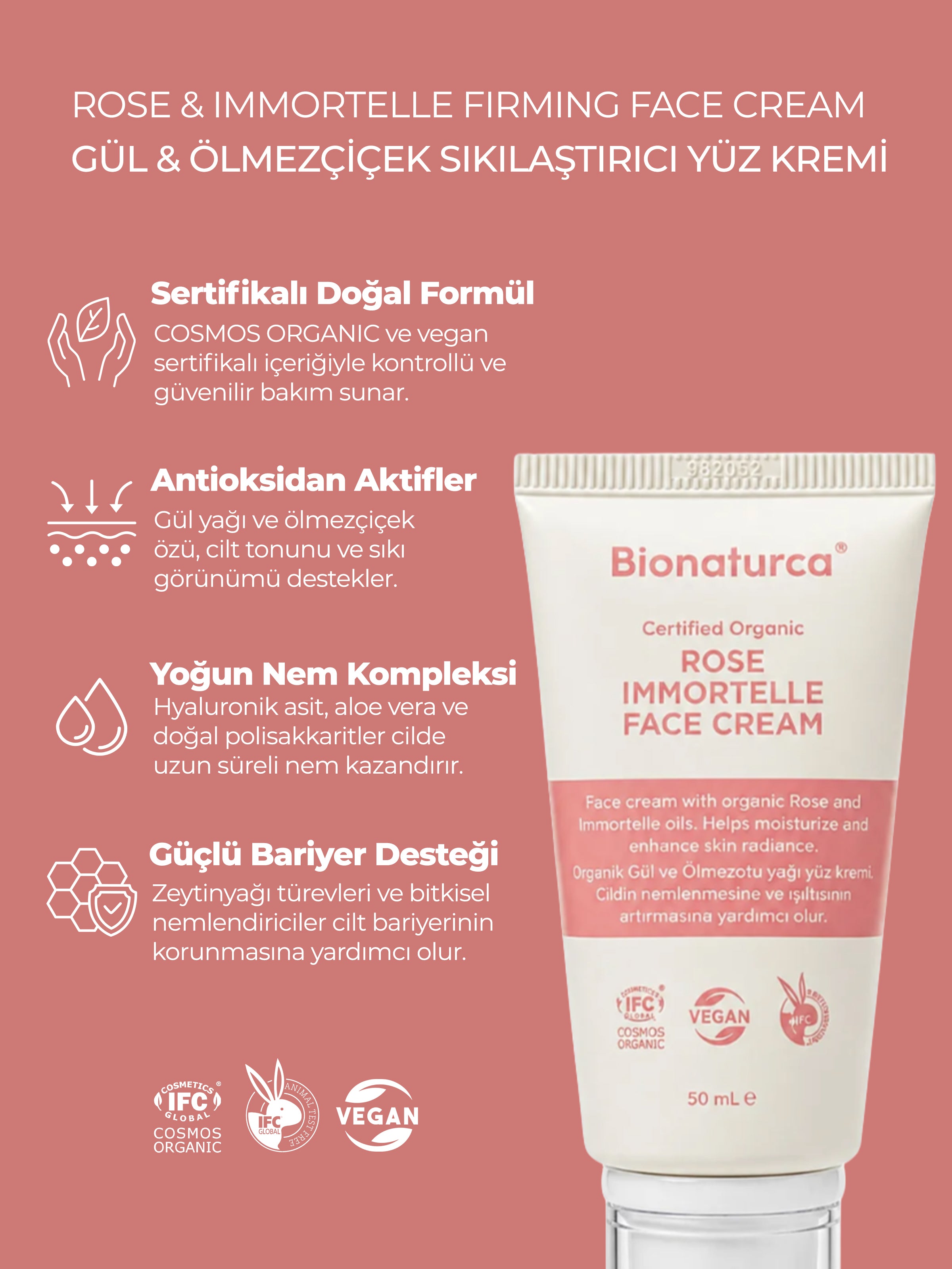 Organik Sertifikalı Gül & Ölmezçiçek Sıkılaştırıcı Yüz Kremi 50 m l- Bionaturca