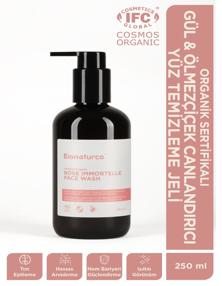 Organik Sertifikalı Gül & Ölmezçiçek Canlandırıcı Yüz Temizleme Jeli 250 ml - Bionaturca