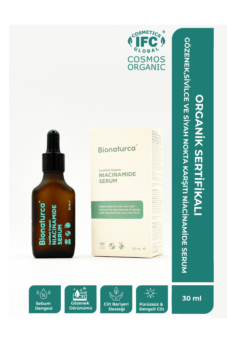 Organik Sertifikalı Gözenek,Sivilce Ve Siyah Nokta Karşıtı Niacinamide Serum 30 ml - Bionaturca